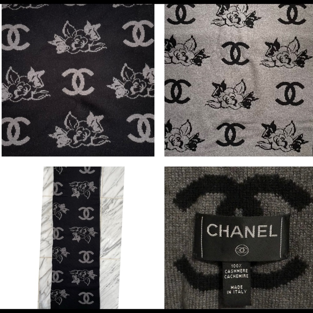 CHANEL 100% CASHMERE SCARF WITH CC LOGO AND CLASSIC FLOWERS ❤️❣️